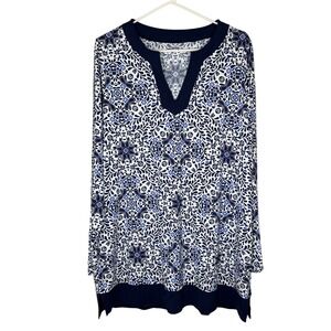 Lands End White Navy Blue Floral Tunic Swim‎ Shirt Tee Rash Guard Size L